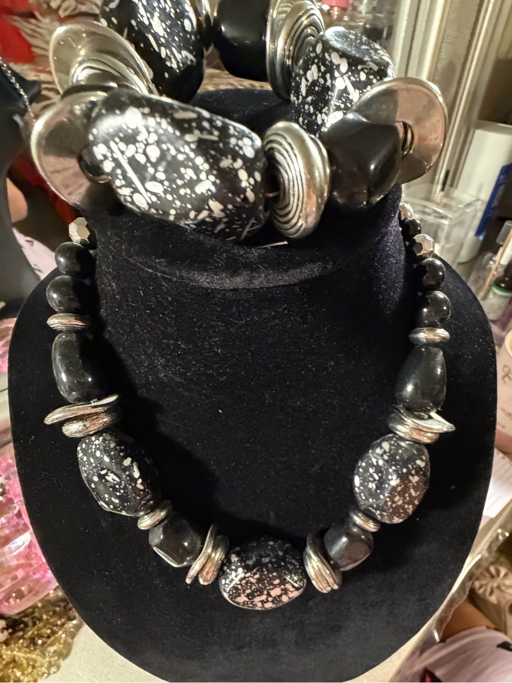 Black Speckled Statement Necklace with Silver Accents